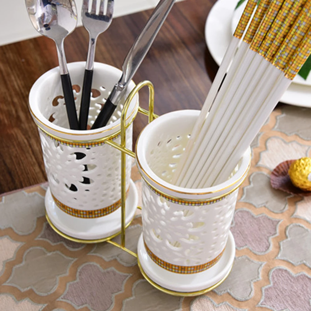  Ceramic chopsticks tube household double tube drain chopsticks cage kitchen chopsticks knife fork s - 32922823015