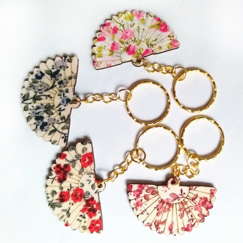 12pcs Fashion Both Side Paste Cloth Printing Fan KeyChain Bag Chain Charming Keychains KeyRing