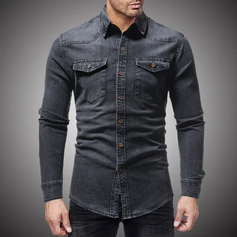 Black Denim Shirt Men Casual Fit Slim Long Sleeve Shirts 2018 Autumn ...