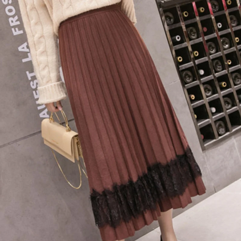 

Autumn Winter Thick Knitting Long Skirts Korean Ulzzang Ladies High Waist Lace Patchwork Pleated Skirts Female Mid-calf Skirts