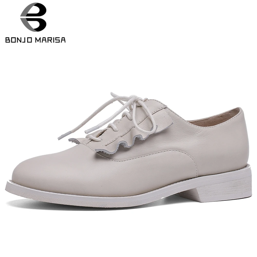 

BONJOMARISA Fashion 2020 Wholesale Cow Leather Lace Up Shoes Woman Pumps Low Heels Black White Pumps Woman Shoes