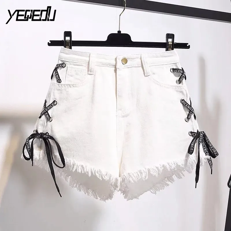 

#6514 Summer Denim Shorts Women Plus Size 5XL 6XL Side Bandage Black/White Shorts Feminino Sexy High Waist Casual Short Jeans