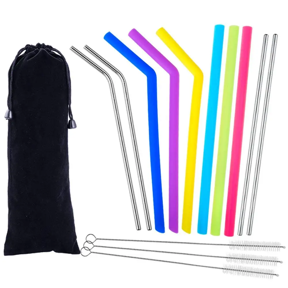 

14 Pieces Straws Set Reusable Drinking Straws Set Including 6 Pieces Silicone Straws, 4 Pieces Stainless Straws, 3 Pieces Brus