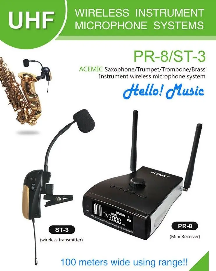 

ACEMIC PR-8 / ST3 UHF 500-980MHz 32CH Wireless Mic Microphone Saxophone Trumpet