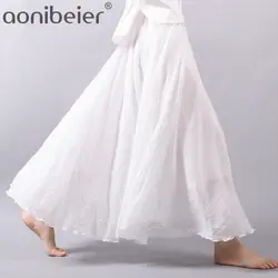 Aonibeier 85 см двухслойная хлопчатобумажная салфетка Лен Для женщин Юбка-миди Демисезонный модные эластичные Высокая Талия Повседневное юбка