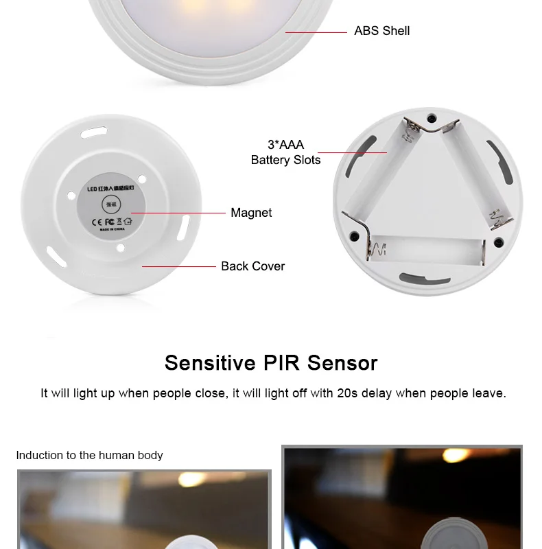 СВЕТОДИОДНЫЕ Night Light PIR Motion Sensor Круглый Светодиодный свет Энергосберегающие Настенный Светильник Освещения На 3A Батарея Для Шкафа спальня