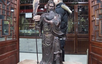 

39 China Red Copper Bronze Dragon Guan Gong GuanYu Warrior Hold Sword God Statue