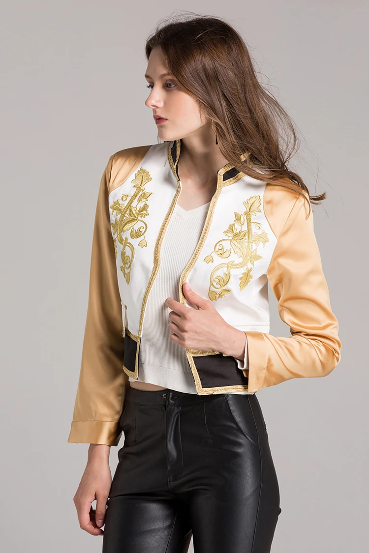 Контрастные Вышивка Курточка бомбер осень 2017 г. Мода Высокое качество золотистой вышивкой Для женщин High Street взлетно-посадочной полосы