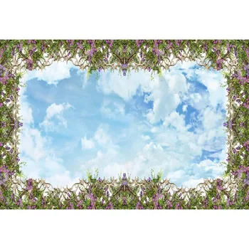 

Blue Sky White Clouds Background For Photography Purple Lavender And Golden Fence Background For Photo Studio Booth Props