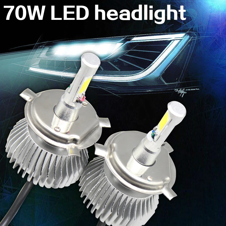 2 pieces/lot H4 LED Headlight 70W Ultra bright Car LED Headlights Bulb