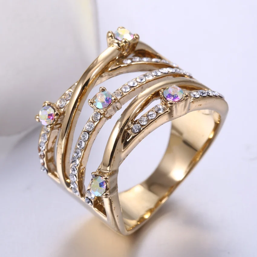 ZHE FAN Fashion Luxury Big Rings For Women Gold Color White Rhinestone Cocktail Ring Party