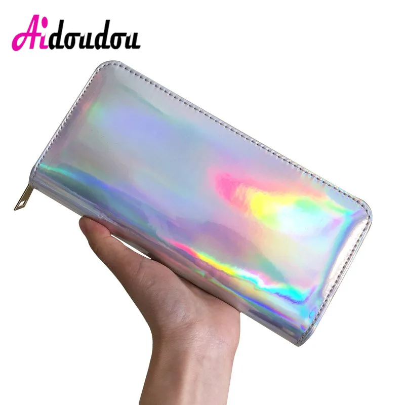 

Hologram Silver Zipper Clutch Wallet Women Long Wallets Money Purse Female Slim Wallet Organizer Card Holder Phone Coin Purse