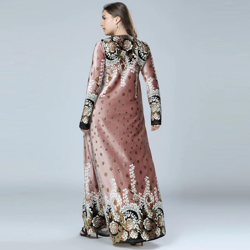 New Winter Velvet Maxi Long Dresses Elegant Gold Stamping Floral Printing Muslim Dress BLUE PINK GREEN M - 4XL