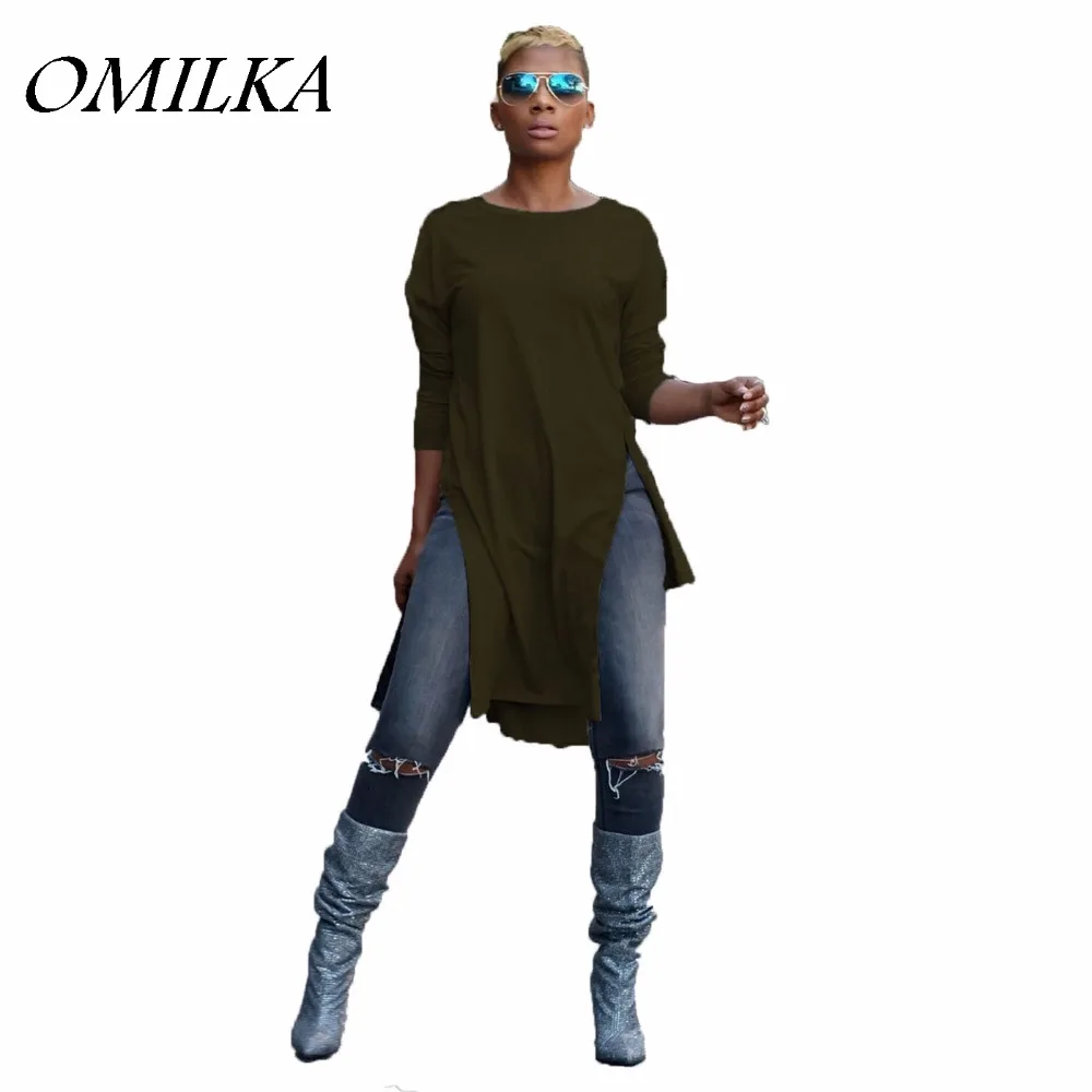 

OMILKA 2017 Autumn Winter Women Long Sleeve O Neck Side Split T Shirt Casual Loose Black Gray Green Red Streetwear Tops Tees