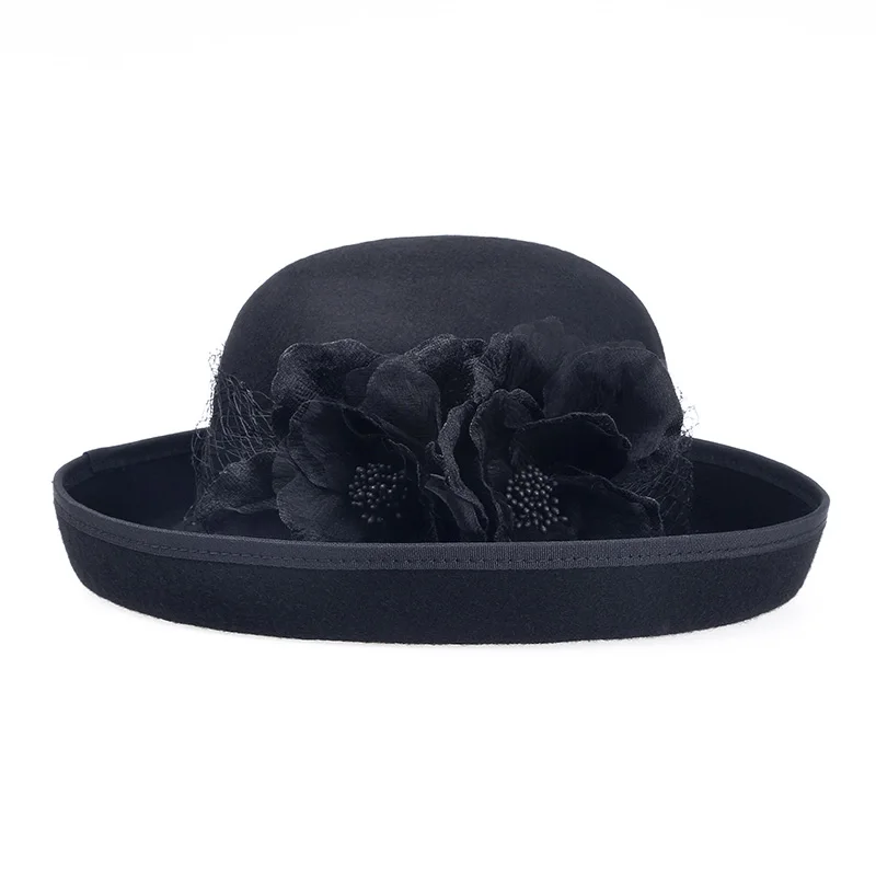 FS estilo británico negro mujer Lana fieltro Fedora gasa con flor de invierno rizo de ala ancha sombrero mujer niñas boda sombreros - 5