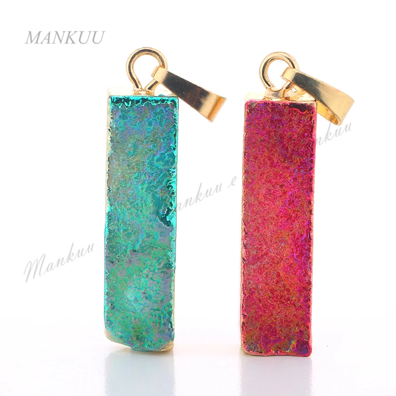 

DP130 2017 Fashion Titanium Crystal Druzy Pendant Vacuum Gold Electroplating Rose Red Light Green Rectangle Pendant 08*30mm