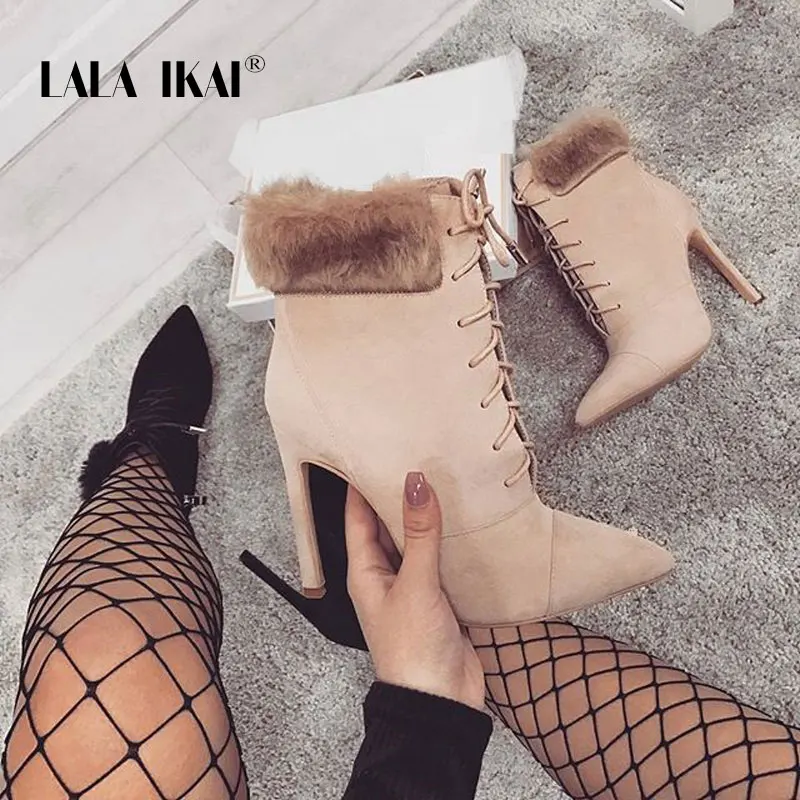 Женские замшевые ботильоны LALA IKAI на высоком каблуке со шнуровкой с острым носком
