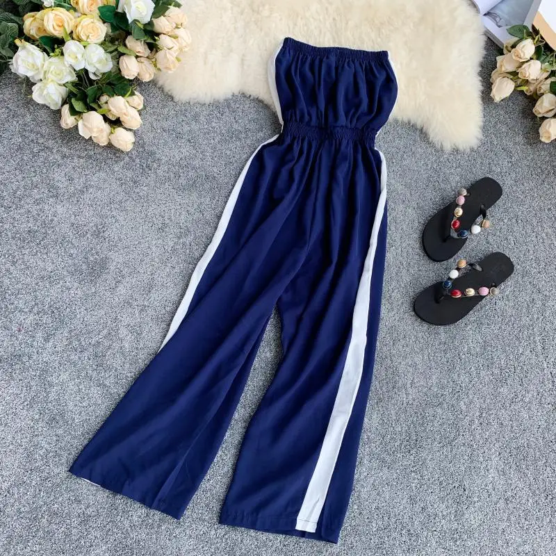 

Summer Women's Sexy Off Shoulder Straplesss Jumpsuits Ladies Elastic Waist Side Striped Rompers