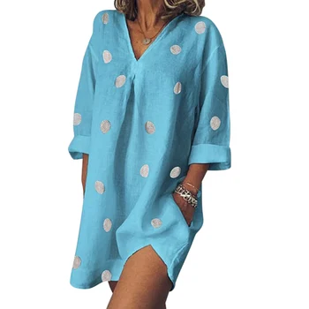 

Women 3/4 Sleeves Summer Dress Polka Dot V Neck Loose Boho Sundress JL
