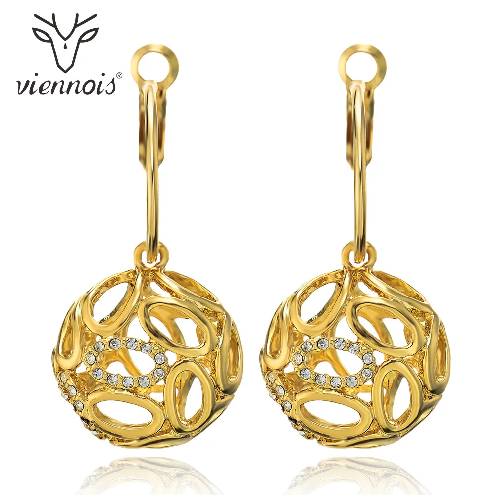 Viennois Gold Color Dangle Earrings for Women Rhinestone Crystal Hollow Out Drop Earrings Female Ball Earring Party Accessories
