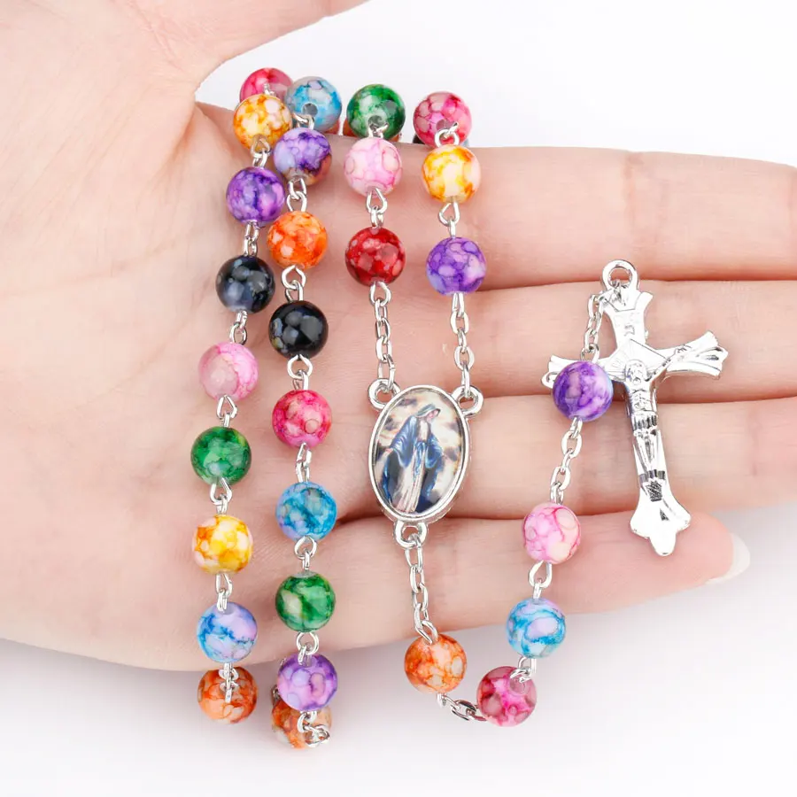 NingXiang Colorful Catholic Rosary Cross Pendant Necklace Statement