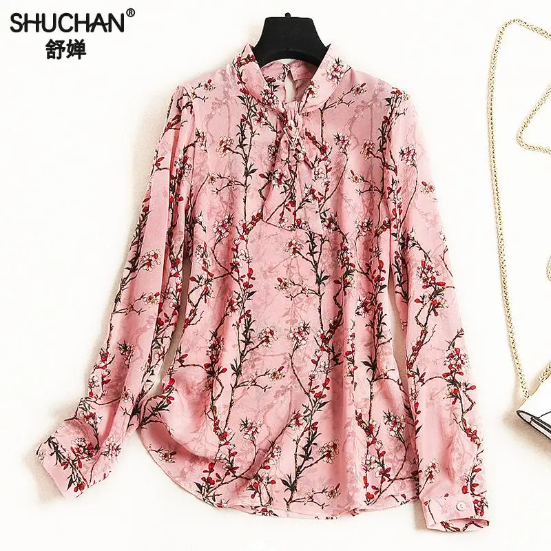 Camisa La De Flores Las Ropa Femininas Chic Pajarita Pradera Rosado Mujeres Shuchan Moda Blusas C949 Tops Estampado SxqYw1Bp