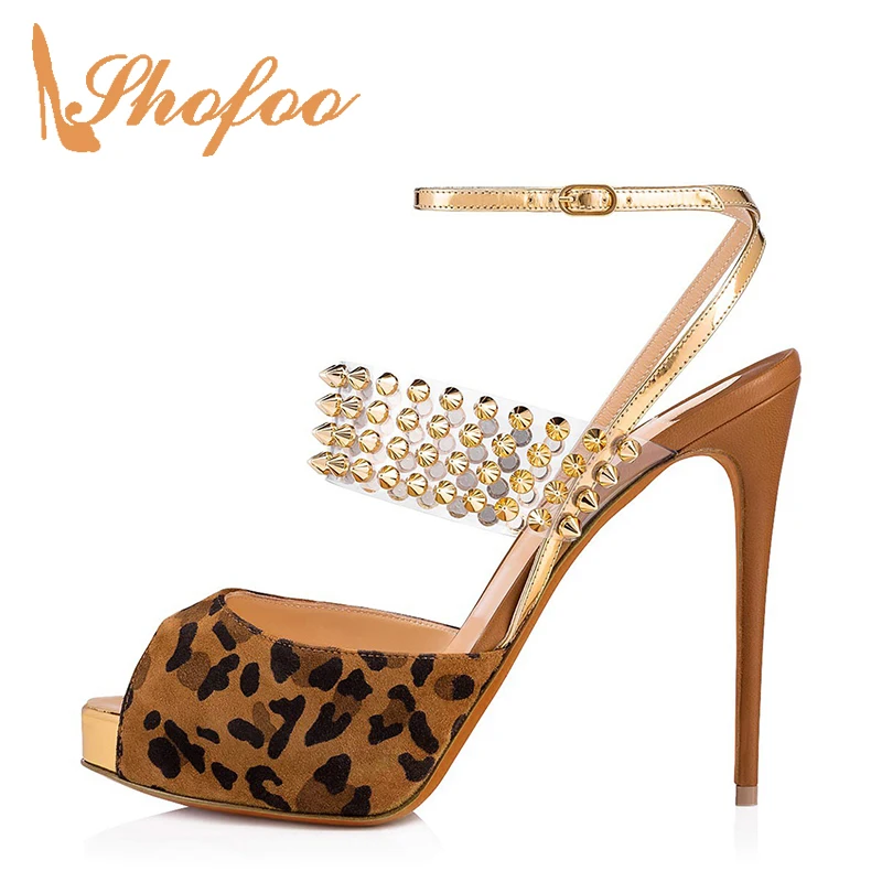 

Leopard Rivets High Stilettos Ankle Strap Platform Sandals Woman Thin Heels Large Size 12 15 For Ladies Summer Shoes Fashion