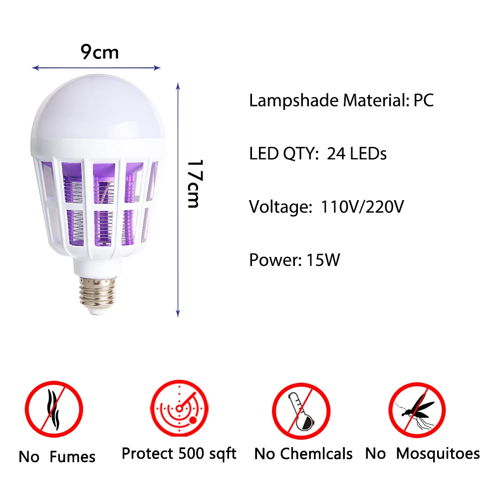 15 Вт Mosquito Убийца лампы 2 в 1 E27 светодиодный лампы Электрический ловушка комаров убийца свет 110 В/220 В электронный анти насекомых ошибки ночника
