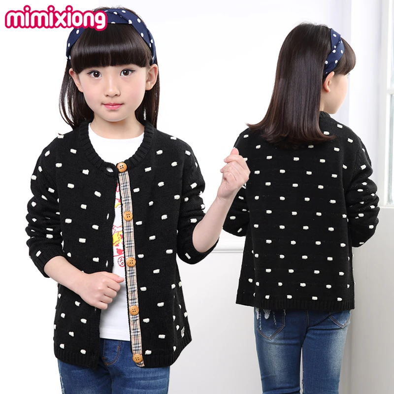 

Autumn Outwear Children's Girls Pink Sweaters Cardigans Winter Warm Long Sleeved Teens Knitwear Tops Cotton Dots Crochet Jackets