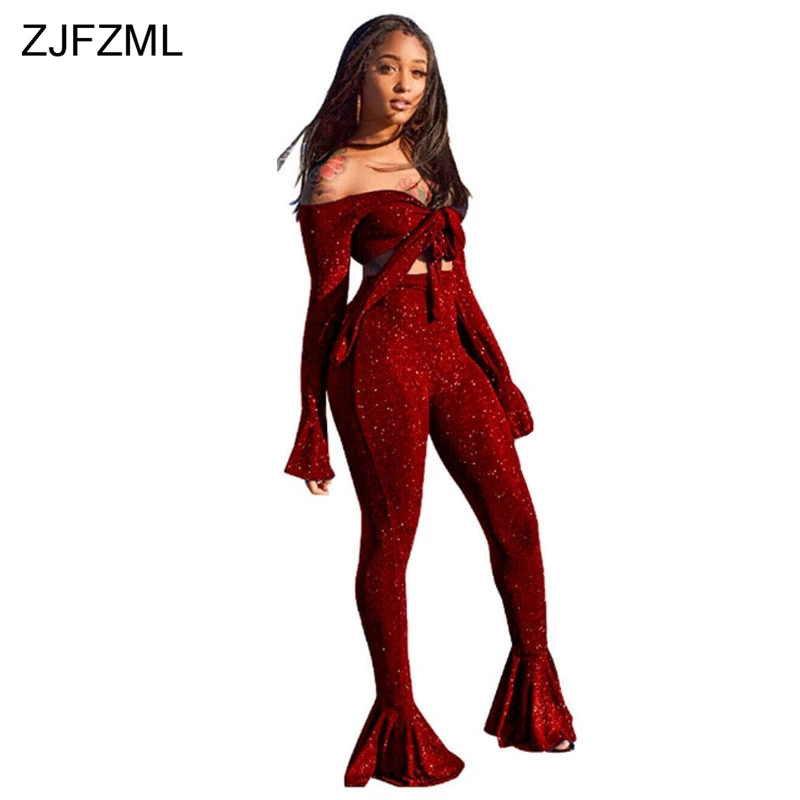 

ZJFZML Sexy Two Piece Matching Set Women V Neck Long Sleeve Bow Bandage Top And Shiny Bodycon Flare Pant Casual 2 Piece Outfit