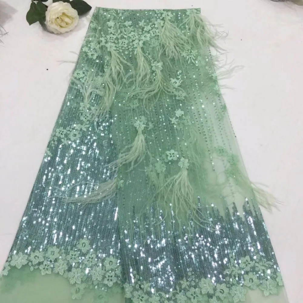 

2018 luxurious feather beaded embroidery lace fabric handmade DIY 3D sequined flower apparel fabric 5yard yz503182