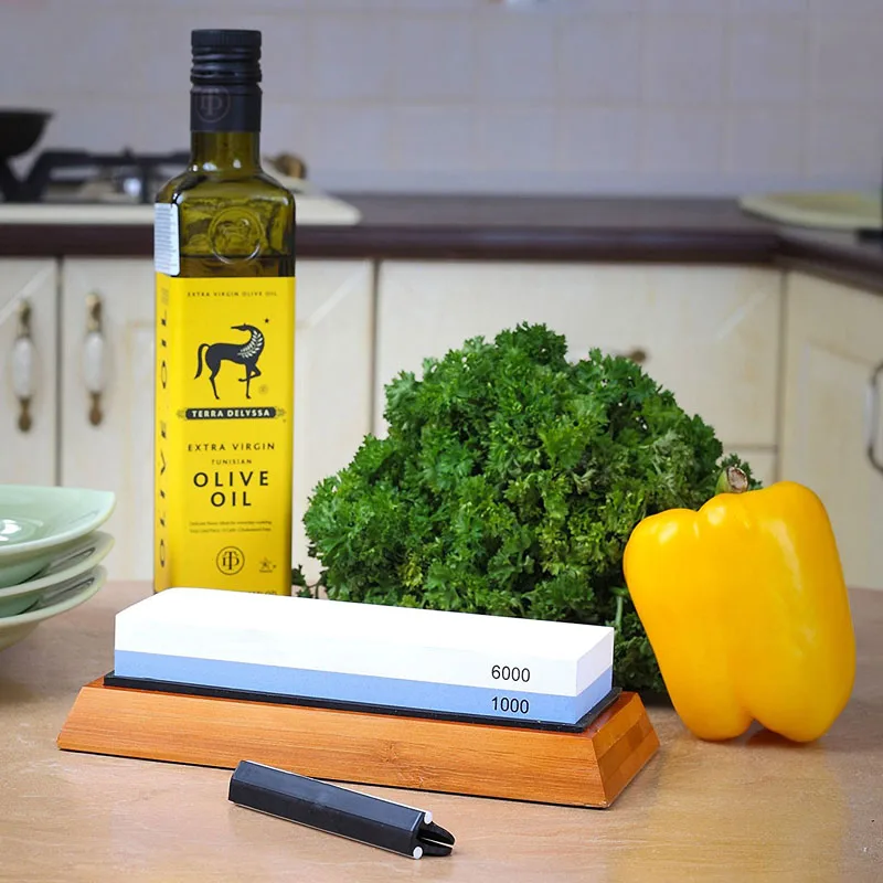 Knife Sharpener Stone Double Side grit whetstone for Kitchen sharpening tool bamboo base Sharpener Angle Guide1000/6000