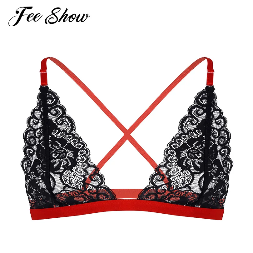 

Sexy Men Lingerie Sissy Bra Top Soft Floral Lace Adjusted Straps Back Criss-cross Wire-free Unlined Mens Bra Bralette Underwear