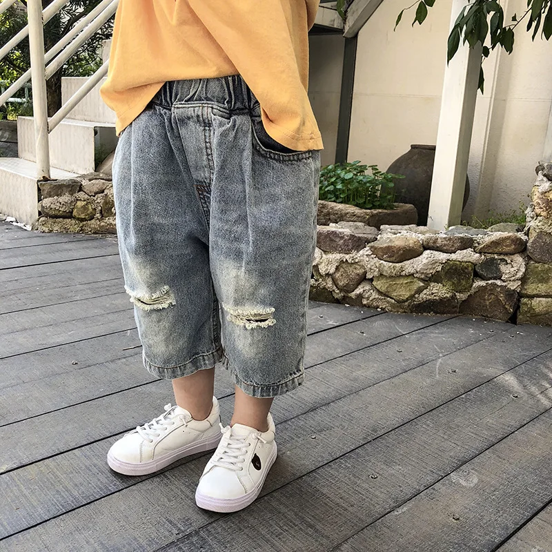 

2019 Summer Children Hole Jeans Boys and Girls Causal Harem Denim Pants Toddler Kids Infants Cotton Seven Cent Cowboy Trousers