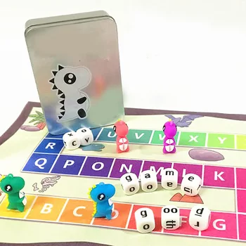 

Runaway Dinosaurs Puzzle Board Game English Spelling Words Metal Box Funny Gift for children English Rules
