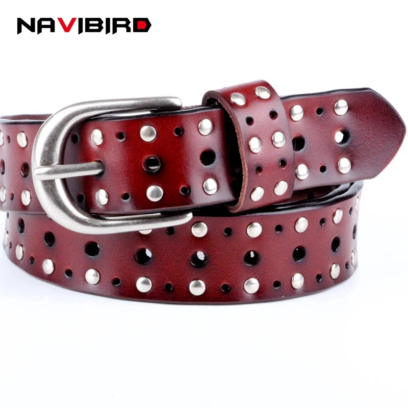 Women Fashion Wide Genuine Leather Belt Woman Luxury Punk Rivets Jeans