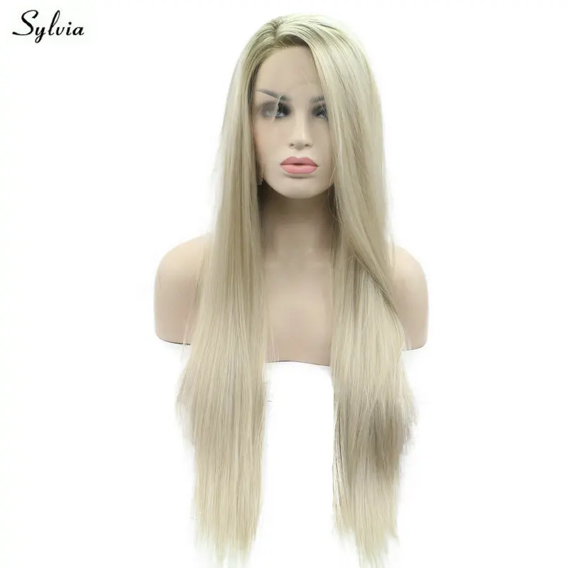 Sylvia длинные светлые Омбре синтетические женские волосы шелковистые прямые 2 тона Высокая температура боковая часть светлые парики на кружеве 180% Плотность