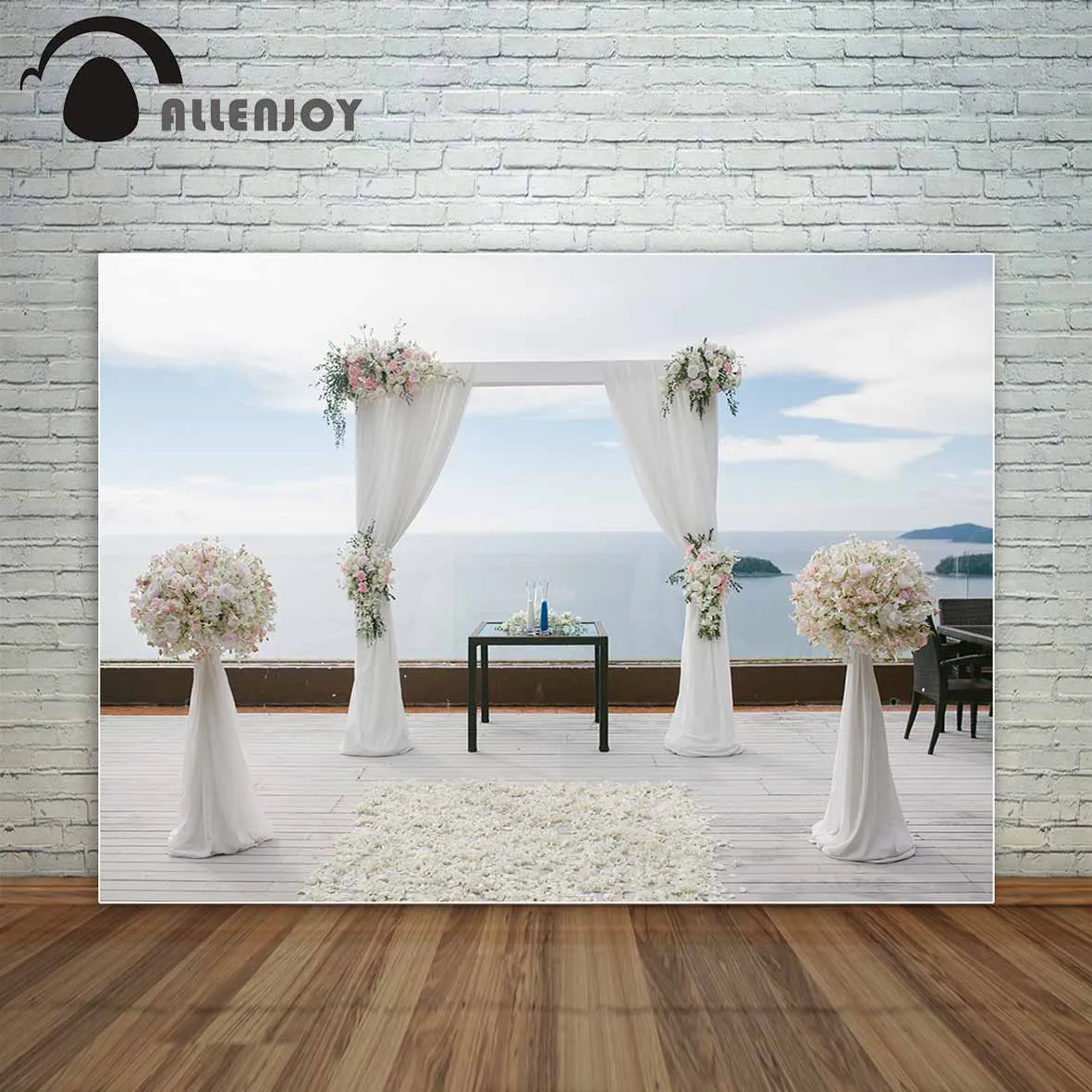 

Allenjoy wedding backdrop set up arch outdoor flowers blanket sea sky photo background photo booth decorations photocall