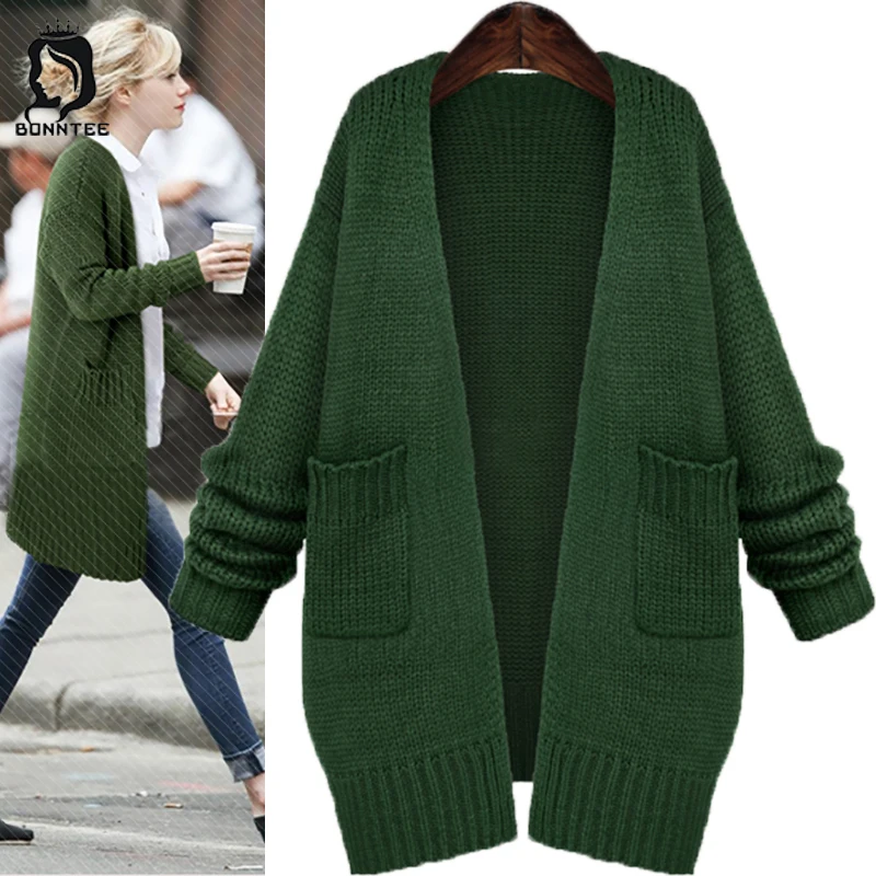 

Casual Loose Women Cardigans Female New Knitted Solid Color Sweater Womens Stretchy Sweaters Females Pockets European Style Lady