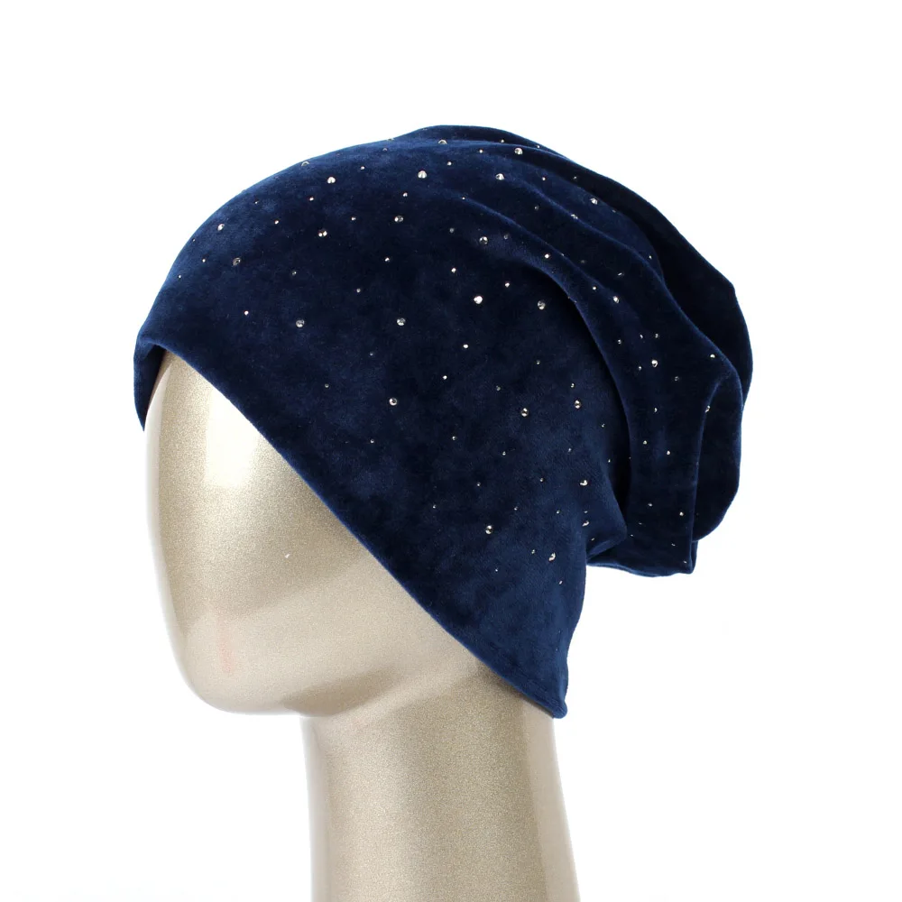 Geebro для женщин шляпа Стразы бини зимняя теплая кепки для обувь девочек кепки из хлопка женский повседневное шапки Твердые Skullies - Цвет: Royal Blue