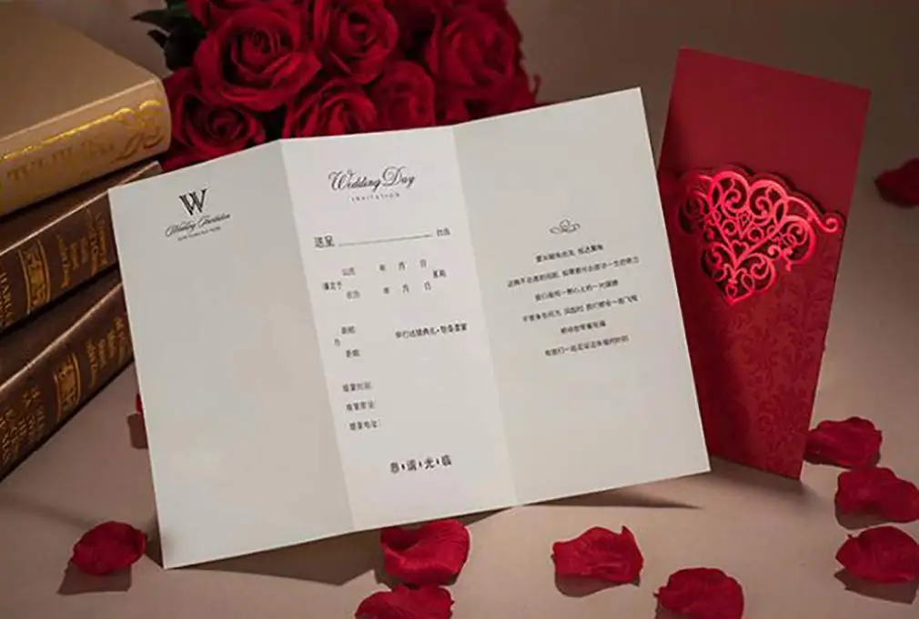  Screen Printing & Bronzing Red & Gold Laser Cut Wedding Invitations Birthday Invitation Marriage wi - 32990782883