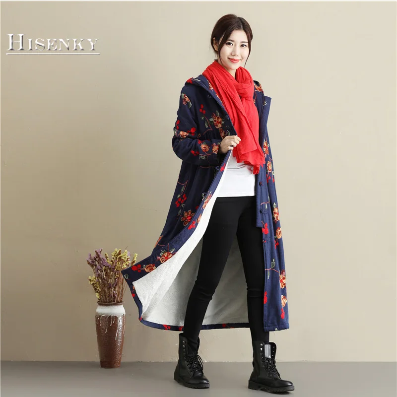 

Hisenky 2018 Autumn Winter Women Embroidery Trench Coat Imitated Lamb Wool Windbreaker High-Waisted Long Hooded Cotton Coat