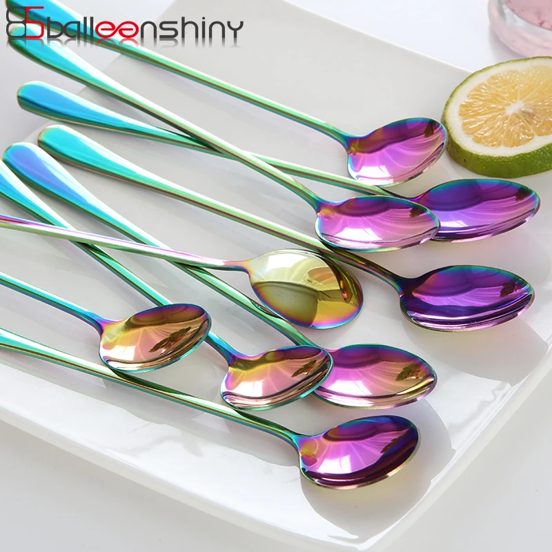 

BalleenShiny Stainless Steel Colorful Ice Spoon Long Handle Stirring Coffee Laser Western Rainbow Gold Plated Dinnerware Scoop