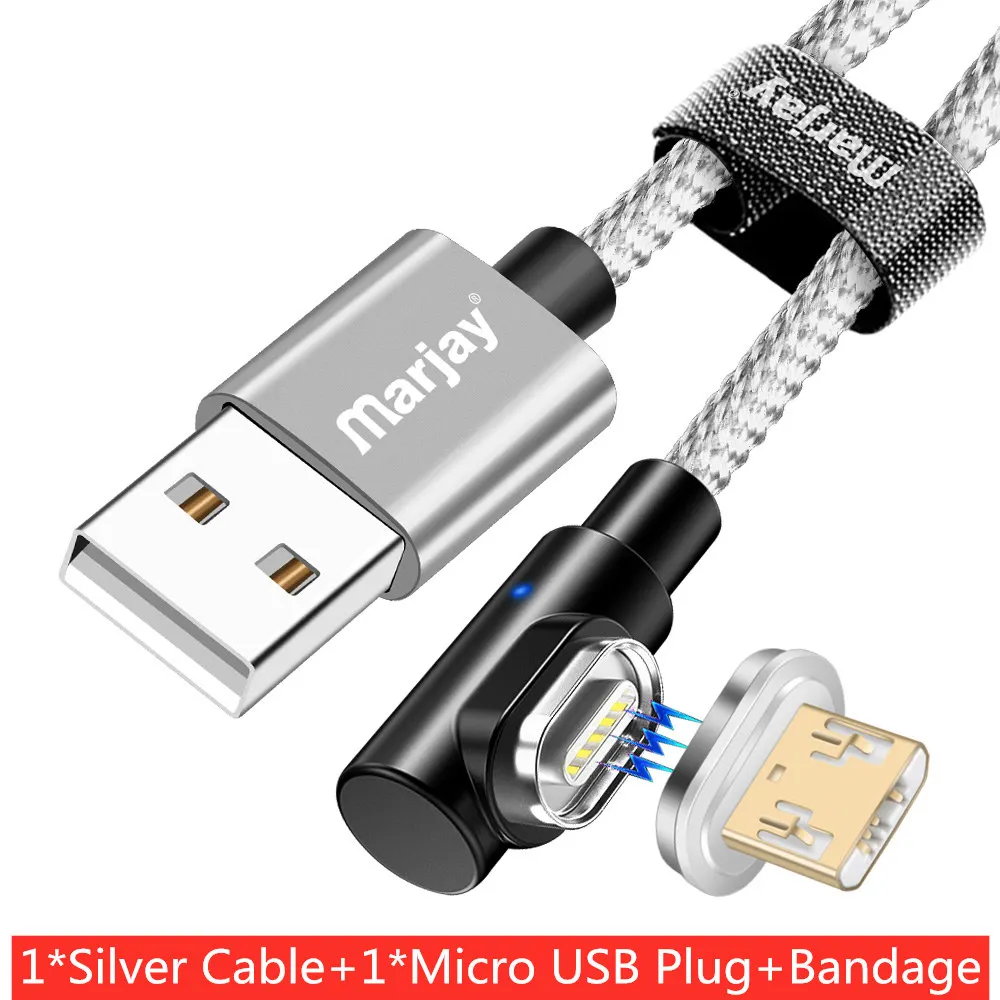 Marjay Магнитный USB кабель 90 градусов 3A быстрое зарядное устройство Micro usb type C кабель для iPhone Samsumg Xiaomi huawei кабели для мобильных телефонов - Цвет: Silver For Micro