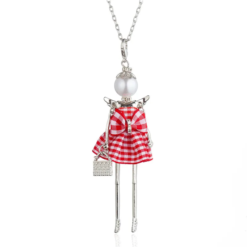 

Pearl Head Pink Plaid Bowtie Short Dress Dancing Girl Pendant Necklace Handmade Statement Jewelry For Women Girls Collier Femme