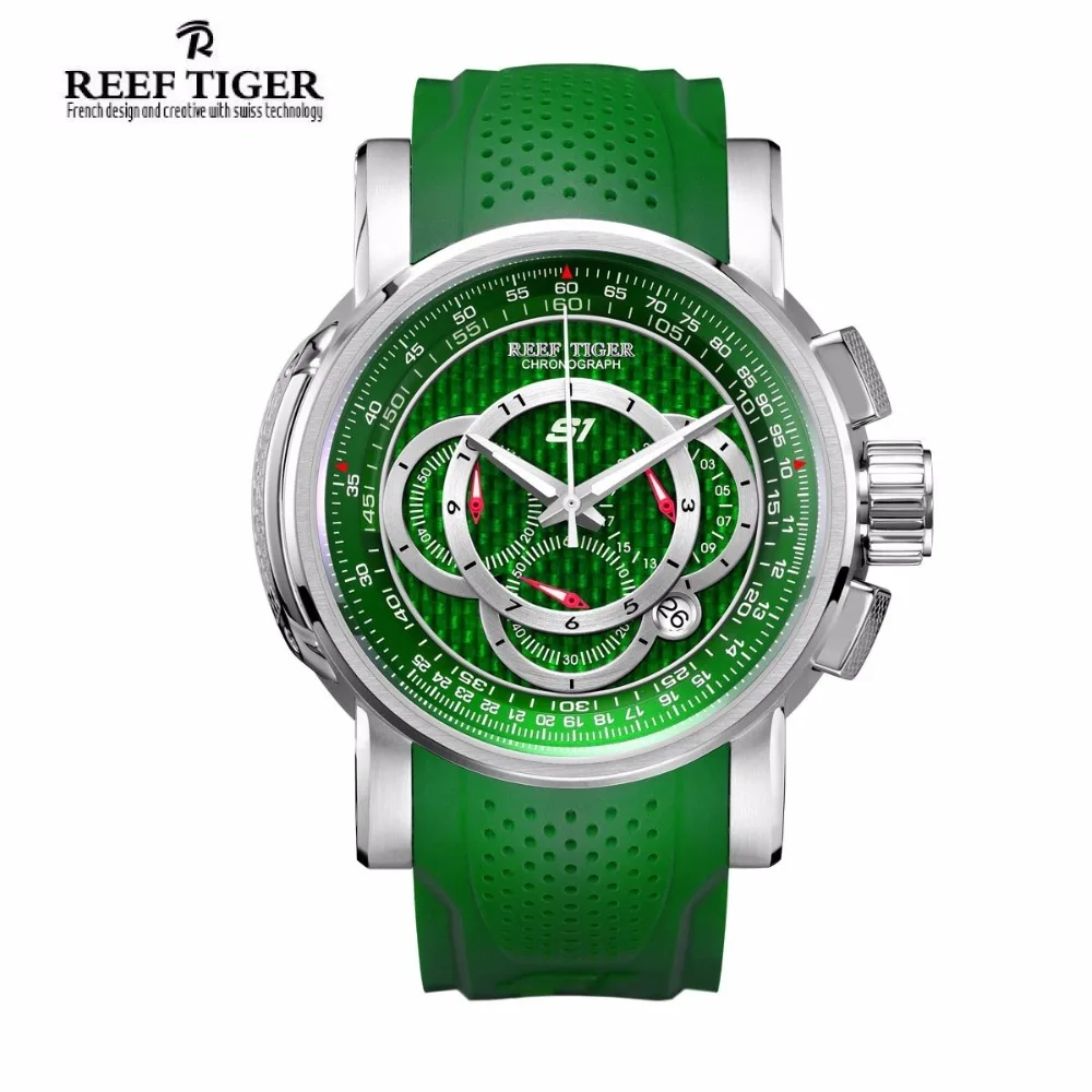 Reef Tiger/RT Sport Chronograph Watch with Date Green Dial Rubber Strap Quartz Watches for Men RGA3063