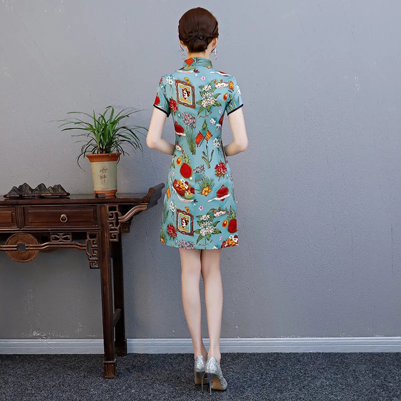 Летние новые женские Cheongsam Короткие платья Цветочные винтажные традиционные хлопковые тонкие платья Vestidos