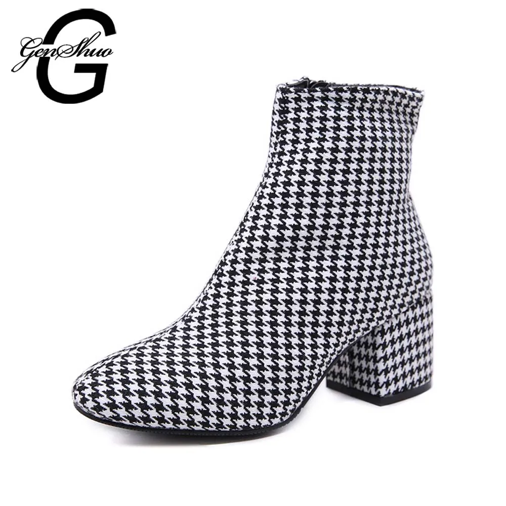 GENSHUO British Style Retro Ankle Boots For Women Female Shoes Birds Prints Autumn Zipper Gingham Shoes Plaid Boots Women Shoes цена GENSHUO British Style Retro Ankle Boots For Women Female Shoes Birds Prints Autumn Zipper Gingham Shoes Plaid Boots Women Shoes цены онлайн