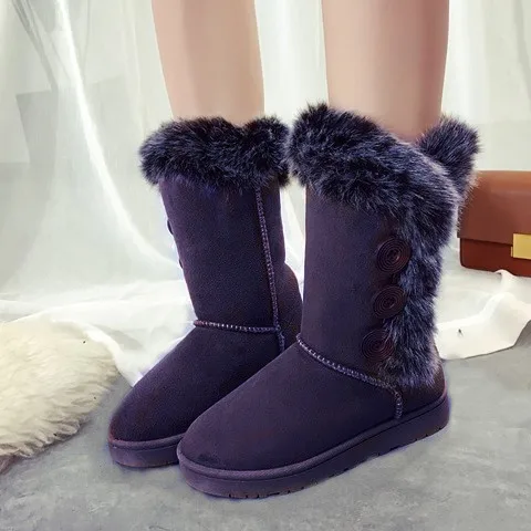 

Women's Brand Design Flat Flock Ankle Boots Ladies Sexy Sweat Winter Warm Artificial Rabbit Hair Button Snow Boot Shoes