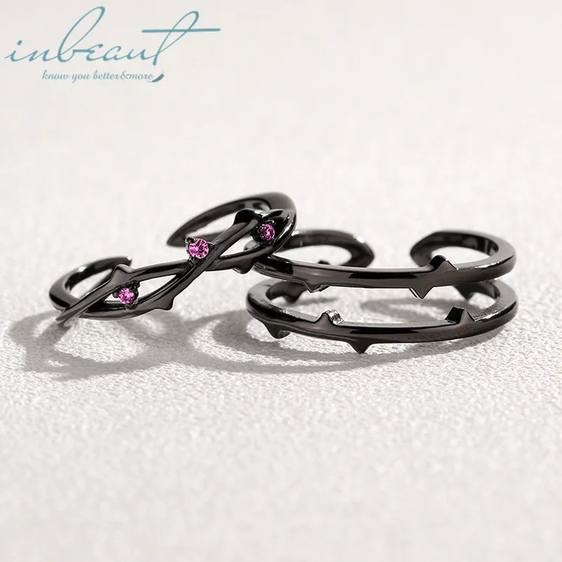 

inbeaut Original Design S925 Sterling Silver Thorns Rose Couple Ring Korean Pink Zircon Flower Black Twig Ring Lovers Jewelry